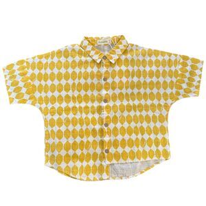 NWT Aimama Yellow Geo Print Asymmetrical Hem Button Front Short Sleeve Shirt S 6